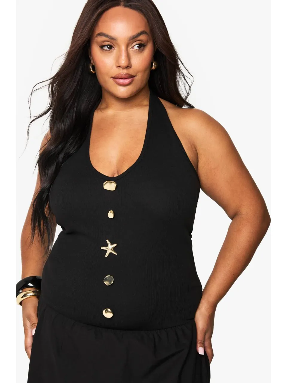 boohoo Dames Plus Starfish Gold Trim Rib Poplin Mix Midaxi Jurk, foto 2