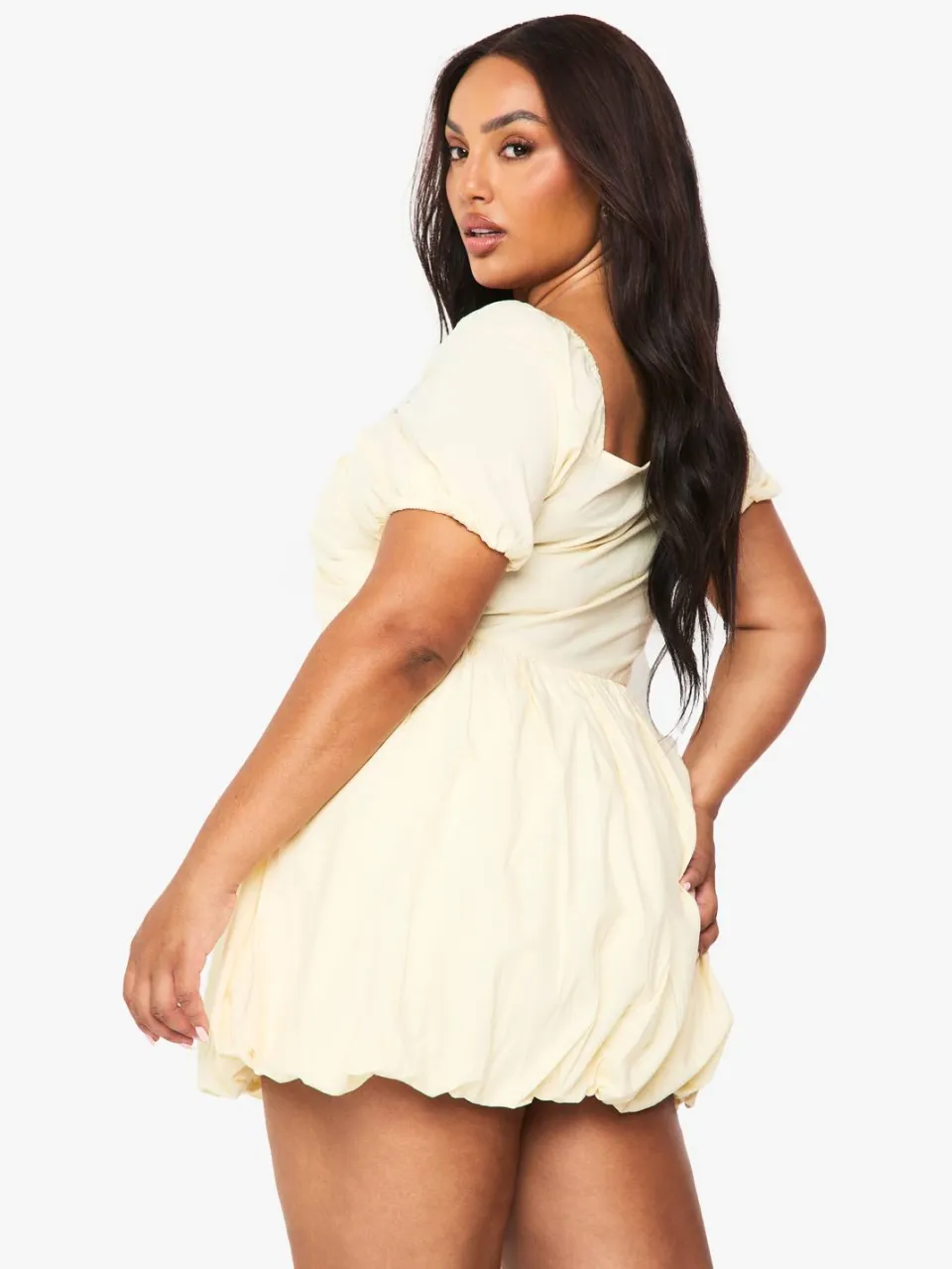 boohoo Dames Plus Katoenen Poplin Jurkje met Korte Mouwen en Puffbal Zoom lemon, foto 2
