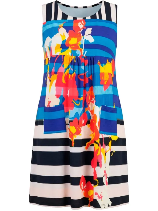 Ulla Popken Dames - Jersey jurk patchprint A-lijn ronde hals mouwloos - Marine - Maat 50+