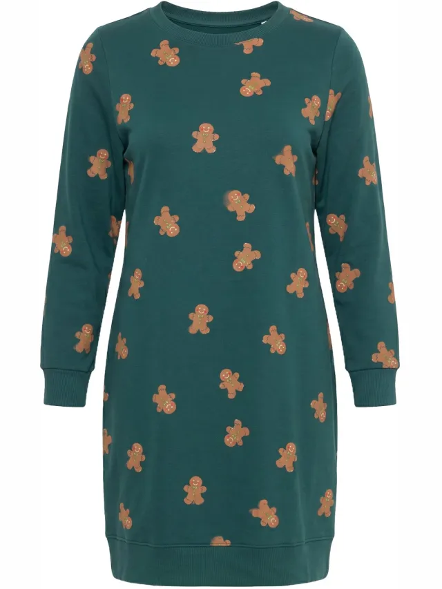 Ulla Popken Dames - Kerst-sweatjurk ronde hals lange mouwen - Smaragdgroen - Maat 62+