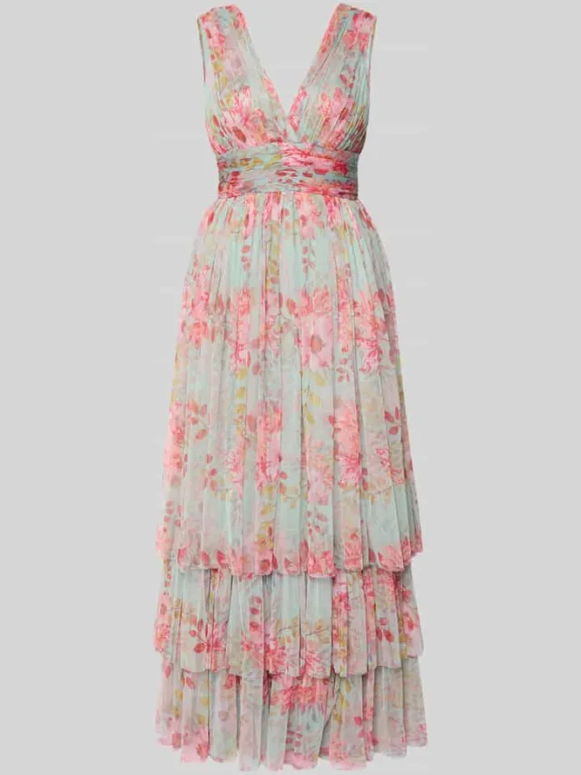 Lace & Beads Avondjurk met volantzoom en V-hals roze, foto 2