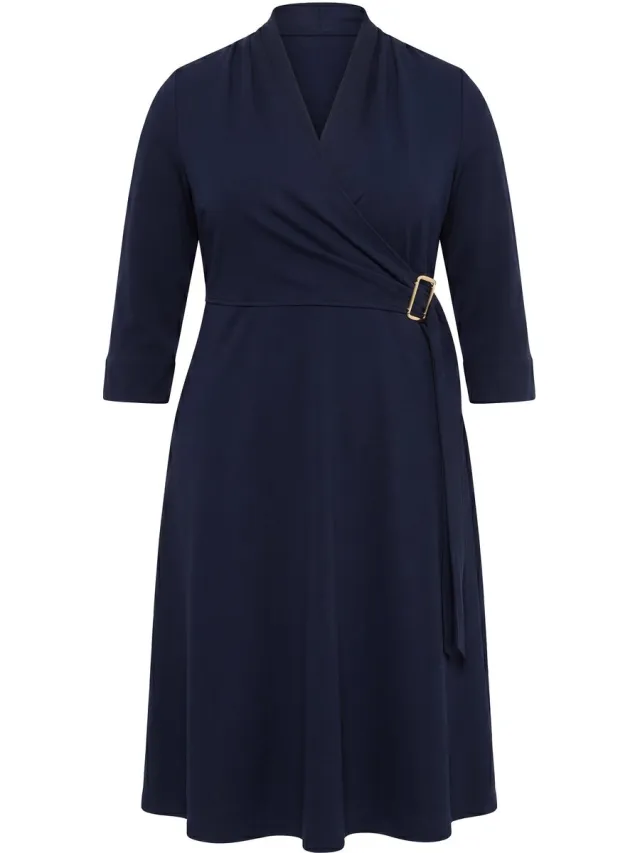 Ulla Popken Dames - Midi-jurk wikkellook A-lijn V-hals 3/4 mouwen - Donkermarine - Maat 58+