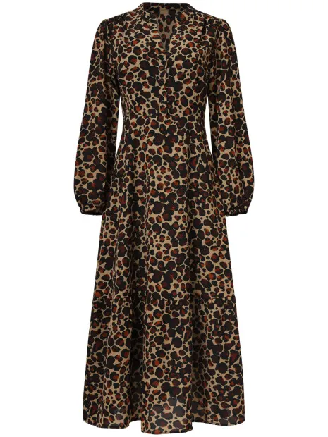 Smashed Lemon Chiffon dierenprint jurk met pofmouwen en v-hals in camel en bruin