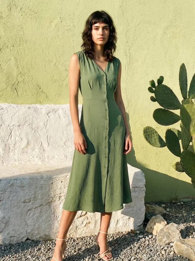 Trendyol TRENDYOLMİLLA Dames Kaki Effen Maxi Mouwloos Casual Blousejurk Jurken