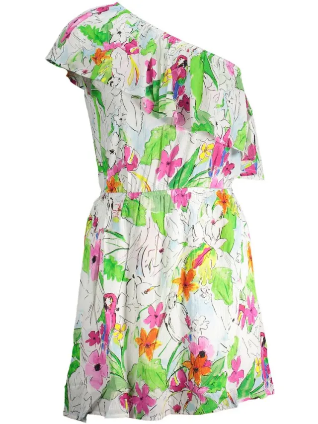 Desigual Floral Papegaai Mini Jurk Relaxed Fit Wit