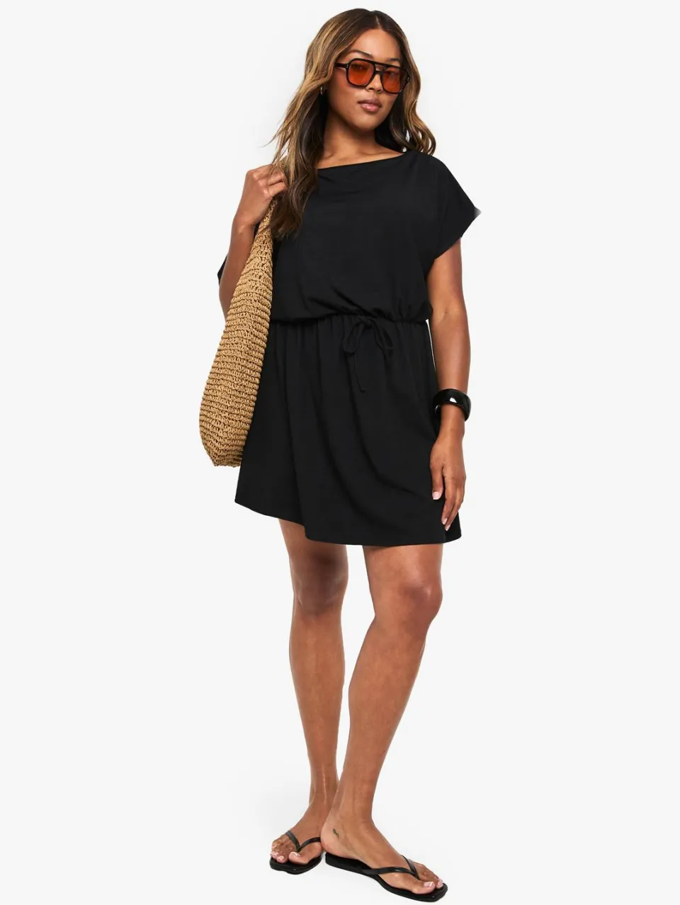 boohoo Dames Plus Rib Off Shoulder Tie Waist Minijurk zwart, foto 2