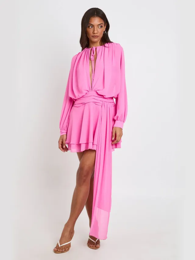 boohoo Dames Lange Chiffon Gesmockte Jurk Met Drapering En Ruches Roze