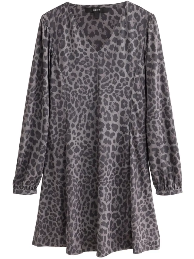Next Dames - Mini-jurkje met lange mouwen en V-hals - Tall - Dierenprint Grey Animal