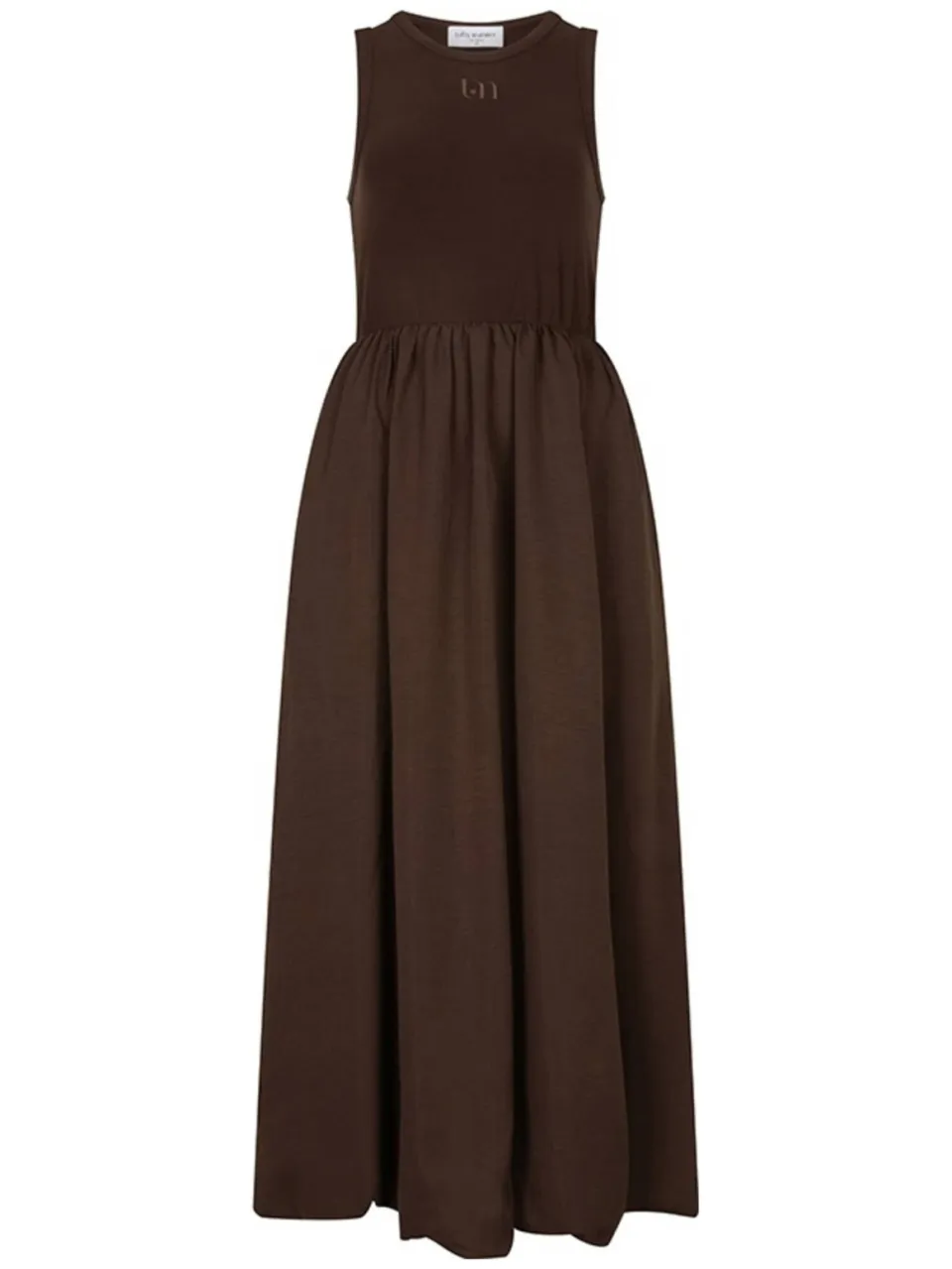 Lofty Manner viscose maxi a-lijn jurk met plooien en logo - bruin, foto 2