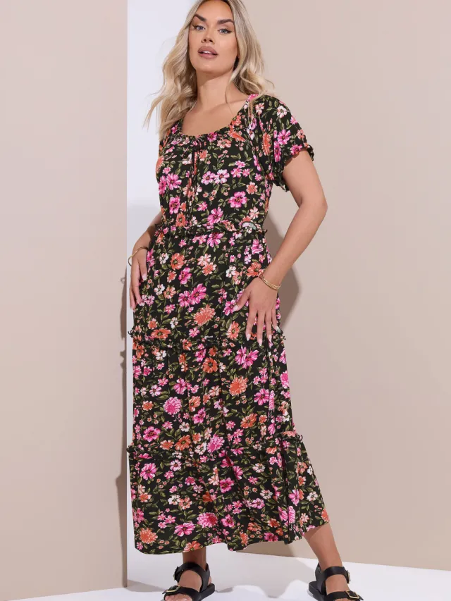 Yours Zwarte Maxijurk Met Bloemenprint En Ruches-52 Black
