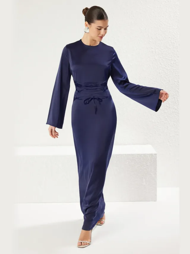 Trendyol Modest Dames Donkerblauw Effen Maxi Lang Stijlvol/Avond Recht Modest Avond Jurken Marineblauw/Blauw
