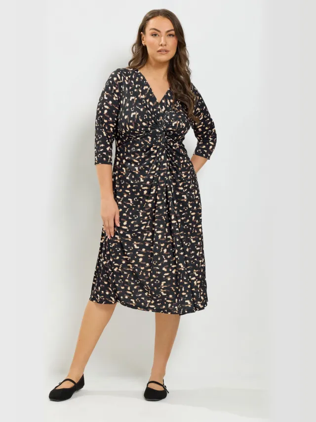 Yours Zwarte Abstracte Midijurk Met Gedraaide Voorkant Black