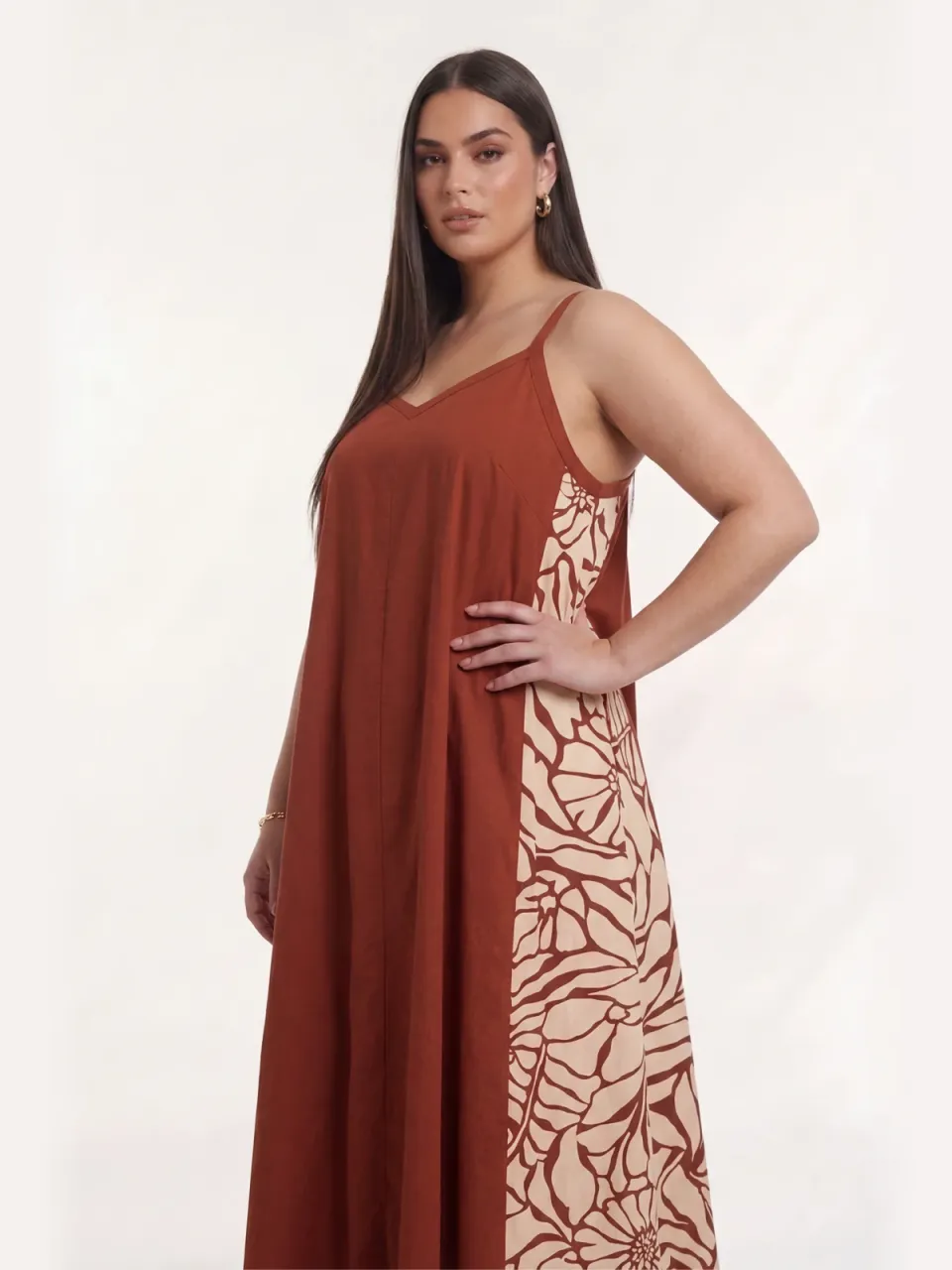 Yoek Swing maxi jurk baksteenrood bordeaux, foto 3