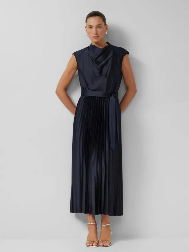 S.Oliver female - Satijnen midi-jurk met watervalhals navy