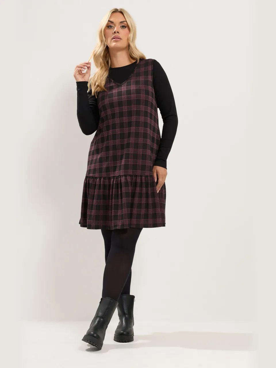 Yours Bordeauxrode & Zwarte Geruite Pinaforejurk Black