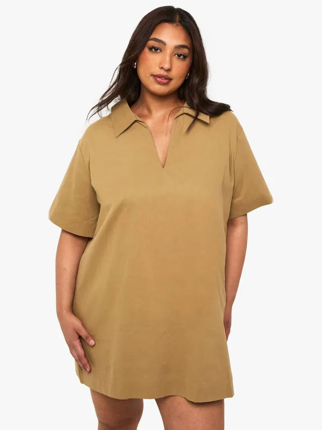 boohoo Dames Twill shiftjurk met pluskraag Kaki