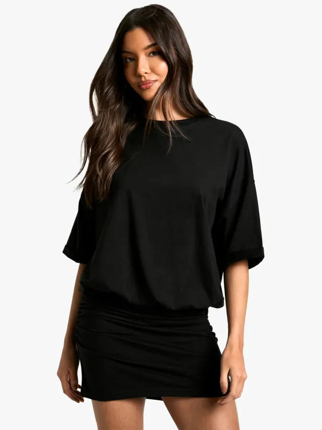 boohoo Dames Gerimpelde T-shirt minijurk Zwart