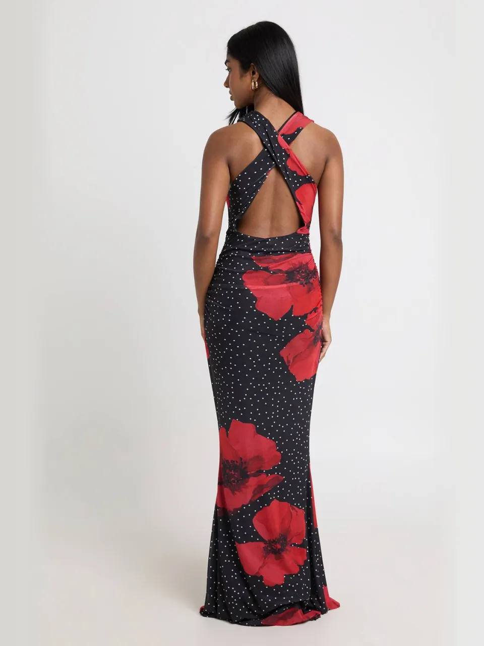boohoo Dames Maxi Jurk Met Polkadot En Bloemenprint In Mesh Met Gekruiste Rugdetail zwart, foto 2