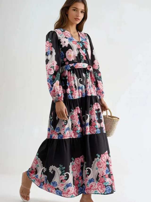 MSN Collection Bloemen V-hals Maxi Jurk met Strik Detail Zwart