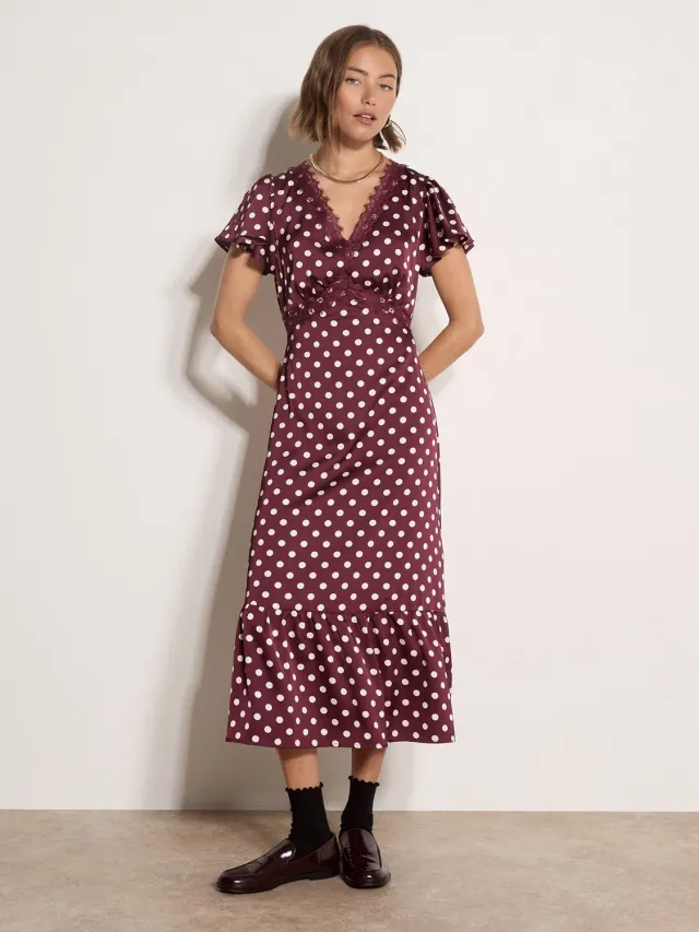 Apricot Midi-jurk van satijn met stippen Burgandy