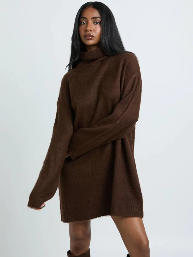 boohoo Dames Super Zachte Geborstelde Gebreide Col Mini Jurk Chocoladebruin