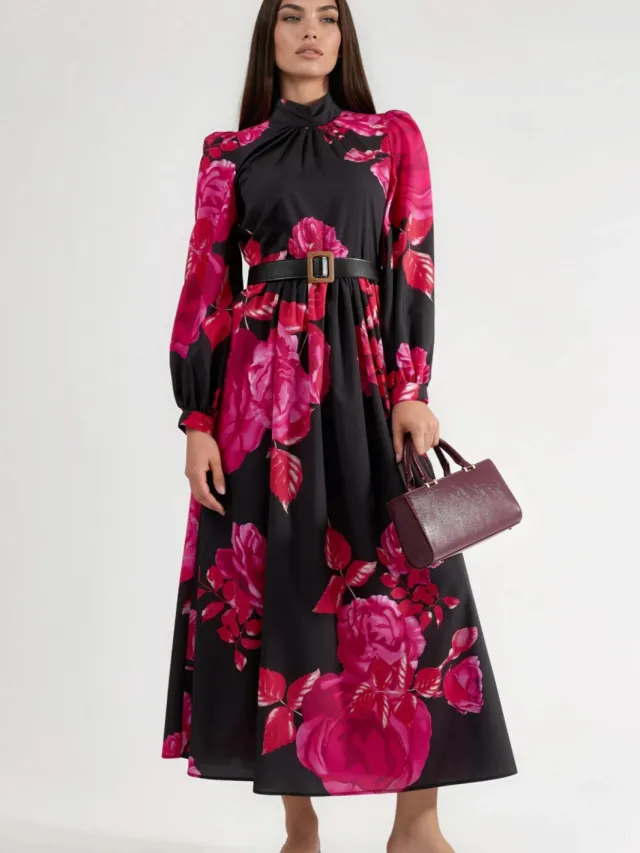 MSN Collection Florale Maxi-jurk met Ceintuure en Halve Col Zwart