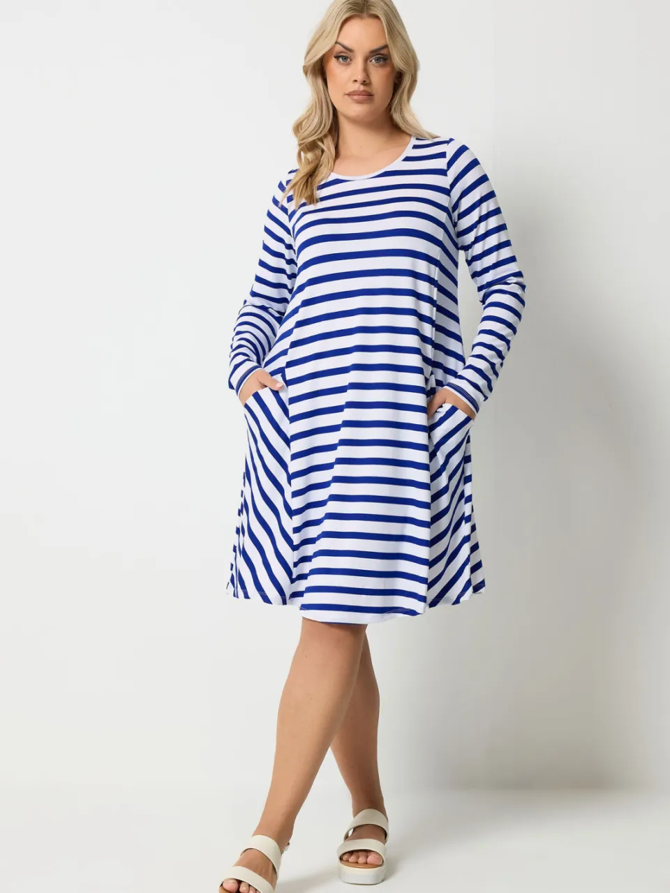 Yours Blauw Gestreepte Gedrapeerde Jurk Met Zakken-52, foto 2