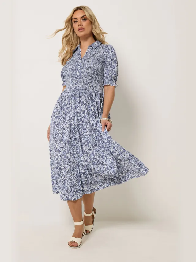 Yours Blauwe Midijurk Met Bloemenprint Blue
