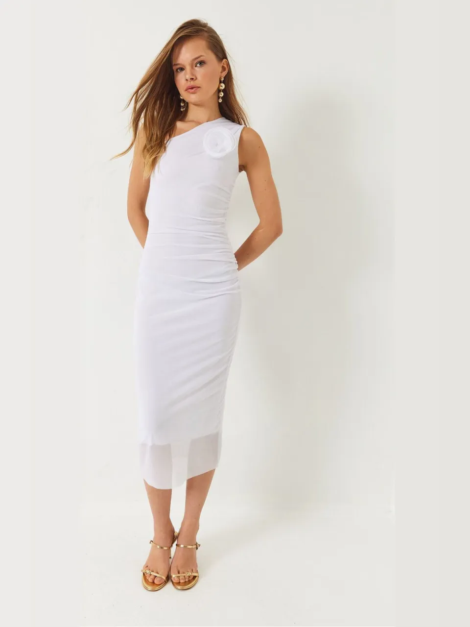 Bianco Lucci Asymmetrische Kraag Midi Jurk met Strik wit, foto 2