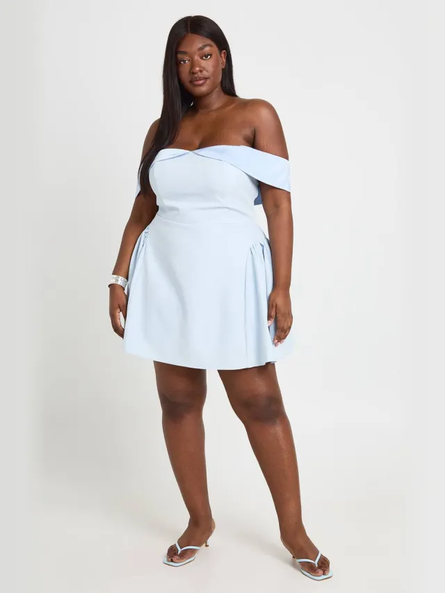 boohoo Dames Plus Bardot Off-shoulder Skater Jurk babyblauw