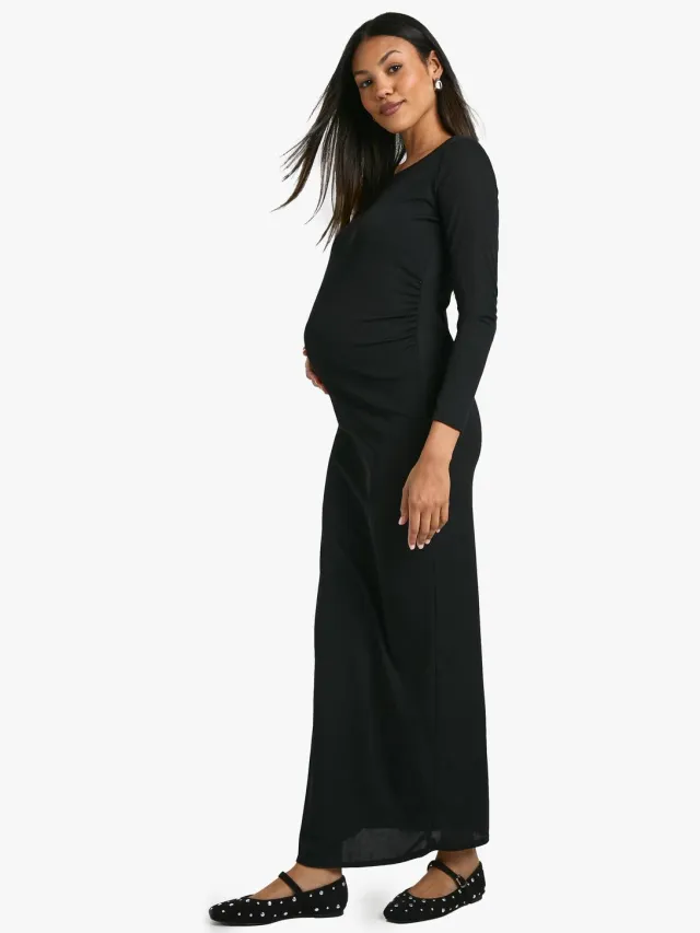 boohoo Dames Zwangerschaps maxi-jurk met geribbeld scoop-hals Zwart