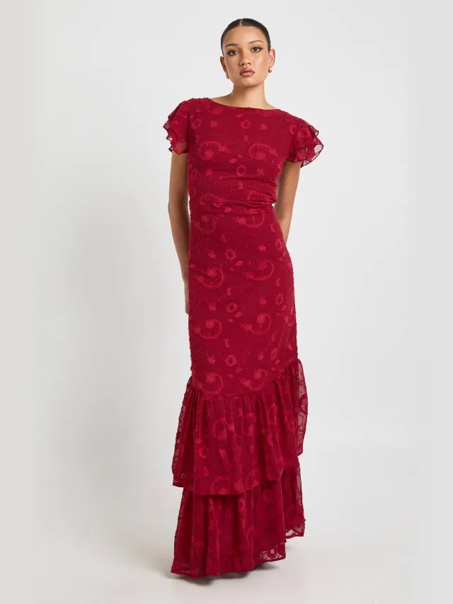 boohoo Dames Bloemen Burnout Ruffle Zoom Maxi Jurk Merlot