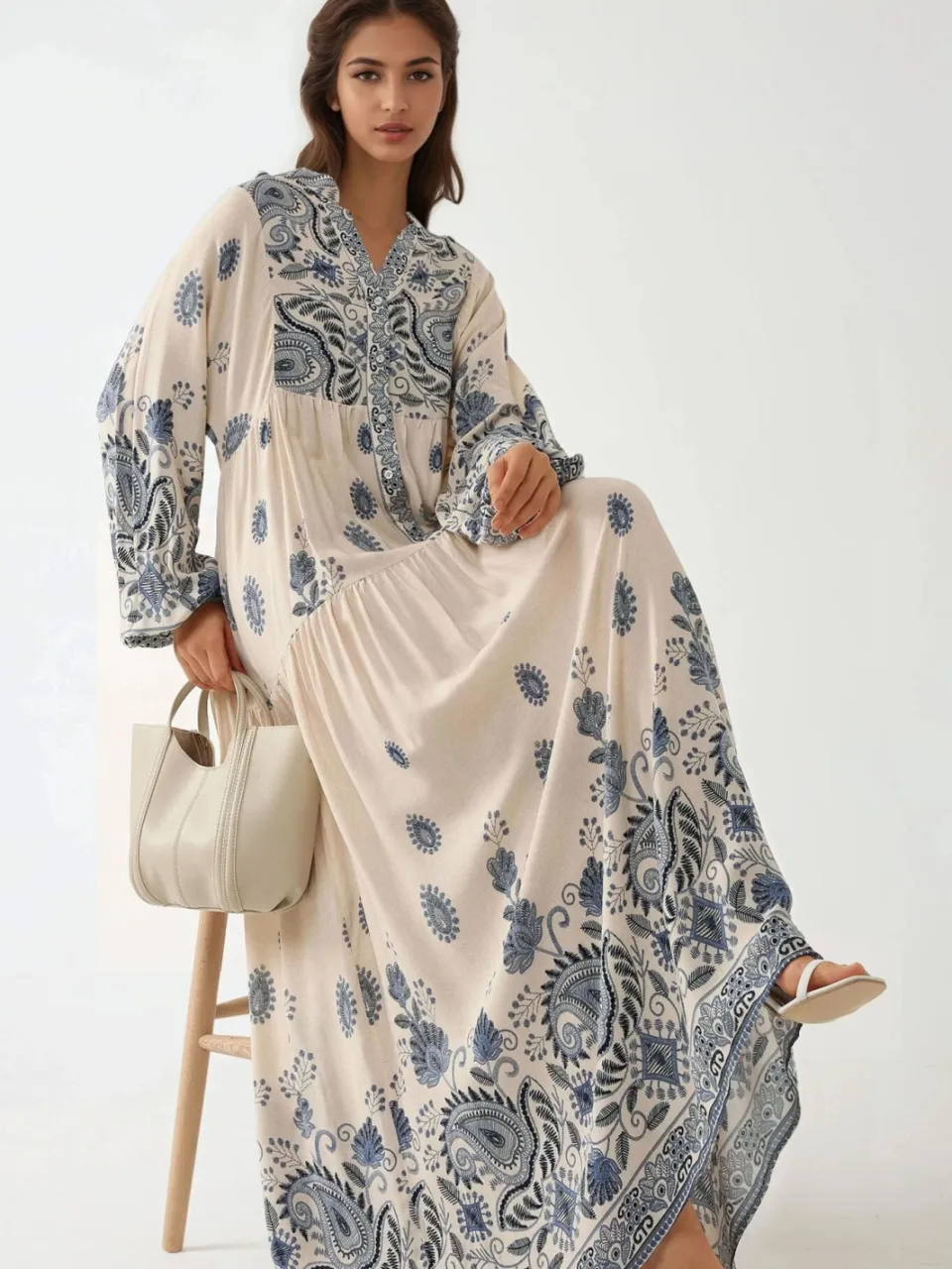 Hiccup Geprinte V-hals Maxi Jurk met Knopdetail Marineblauw