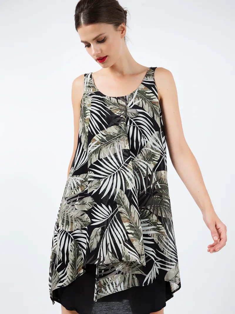 Conquista Mouwloze print chiffon jurk met lagen zwart, foto 2