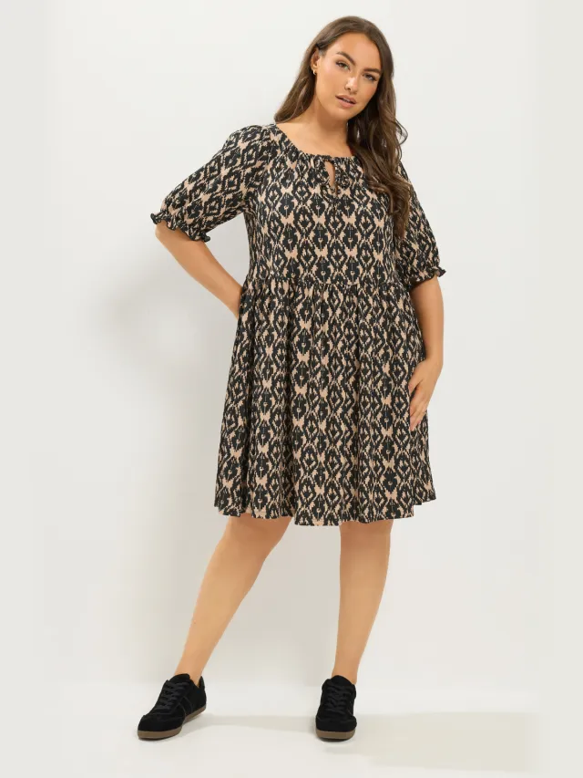 Yours Zwarte Jurk Met Abstracte Print En Korte Mouwen Black