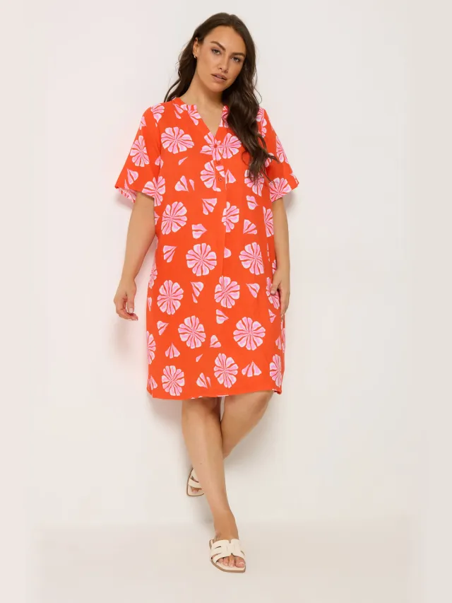Yours Oranje Jurk Met Bloemenprint En Plooien Aan De Voorkant Orange