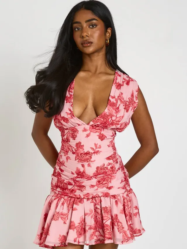 boohoo Dames Chiffon Mini-jurk Met Diepe V-hals En Bloemenprint roze, foto 3