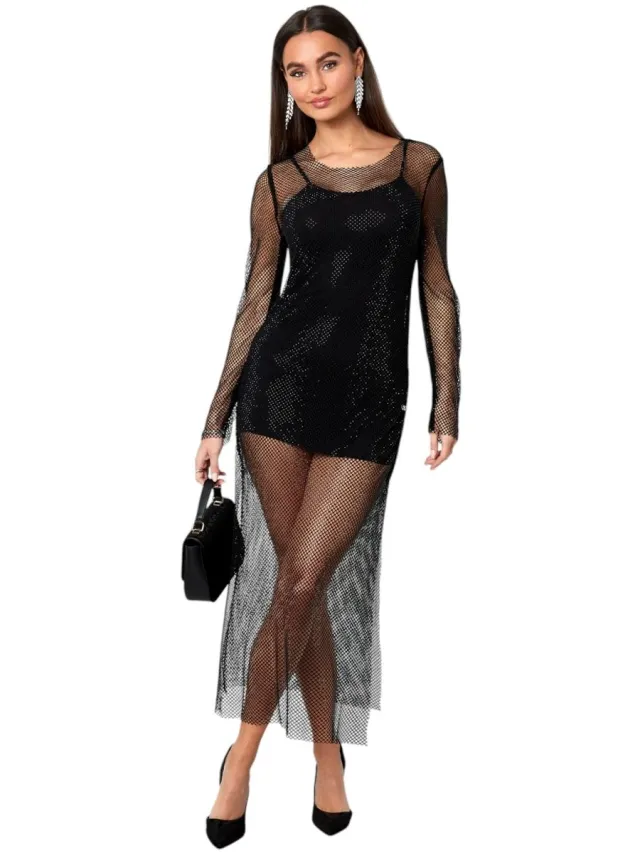 YW YEHWANG Zwarte Lange Jurk Sparkly - Trendy Glinsterende Sexy Lange doorzichtige Jurk - Met Onderjurk - Dames Jurken - Zwart
