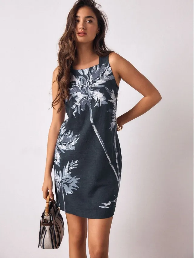 Next Dames - Linnenrijke mini-hemdjurk met vierkante hals - Blauw Navy Blue Floral