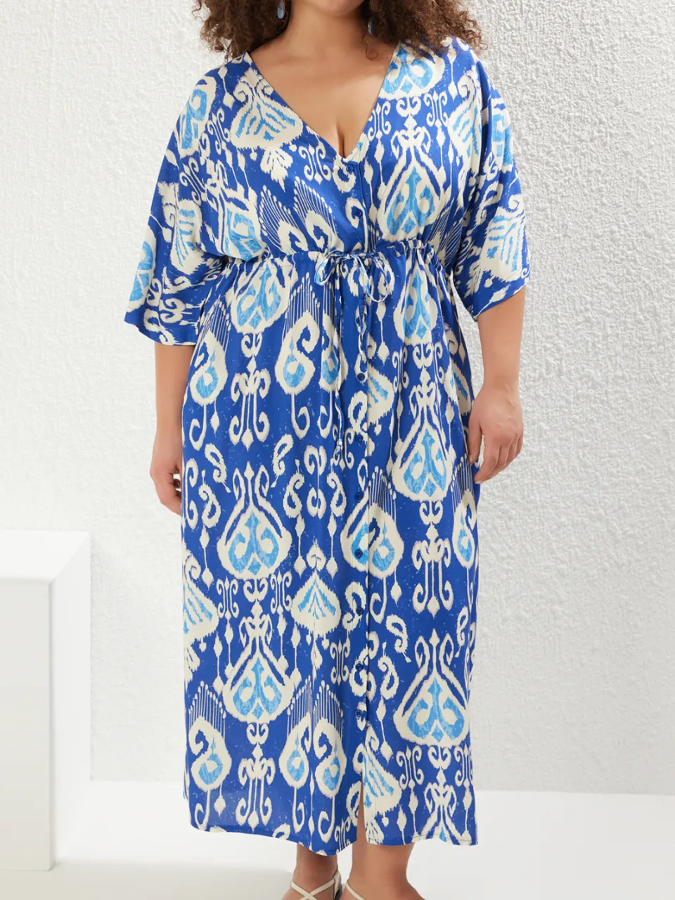 Trendyol Curve Dames Blauw Etnisch patroon Maxi Kort Strandkleding A-lijn Grote maten Jurk, foto 2