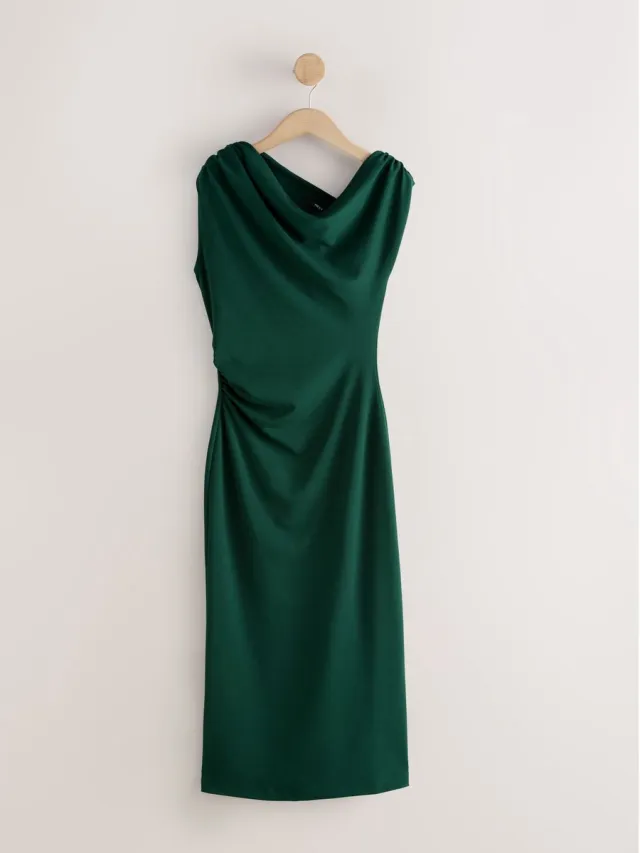 Next Dames - Halflange gedrapeerde feestjurk met blote schouder en ruches - Groen Dark Green