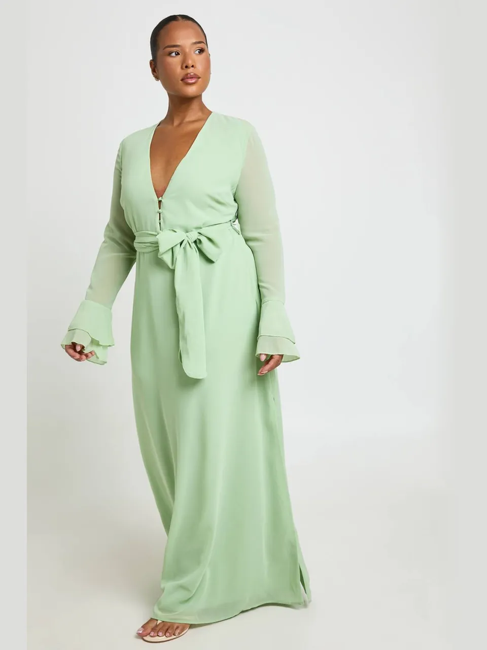 boohoo Dames Maxi Jurk Met Knoopdetail En Ruches Aan De Mouwen verstandig, foto 2
