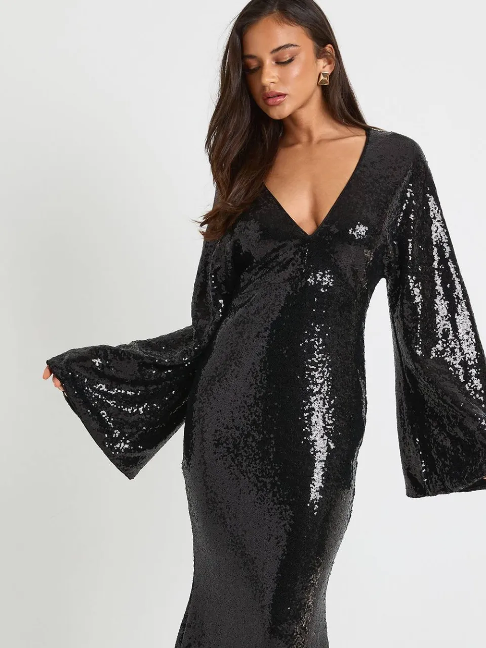 boohoo Dames Pailletten engelenmouw maxi jurk zwart, foto 3