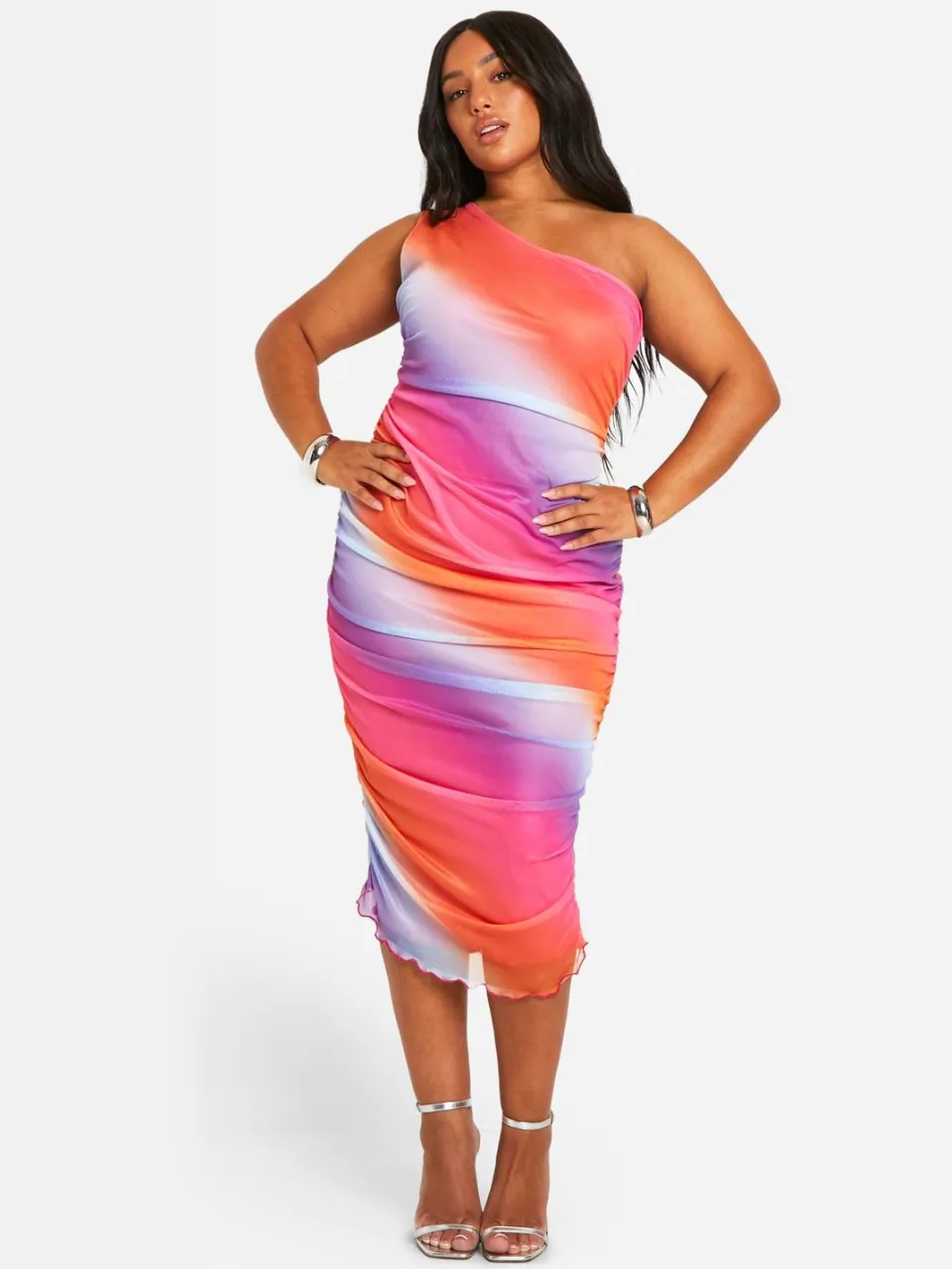 boohoo Dames Plus Mesh One Shoulder Ombre Midaxi Jurk Multicolor