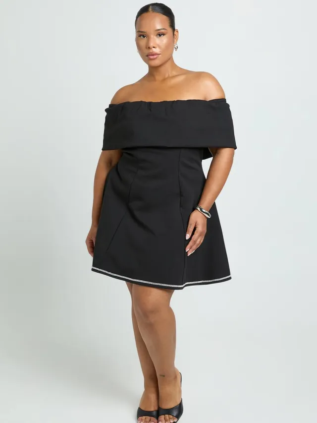 boohoo Dames Plus gestructureerde Diamante Bardot skaterjurk Zwart