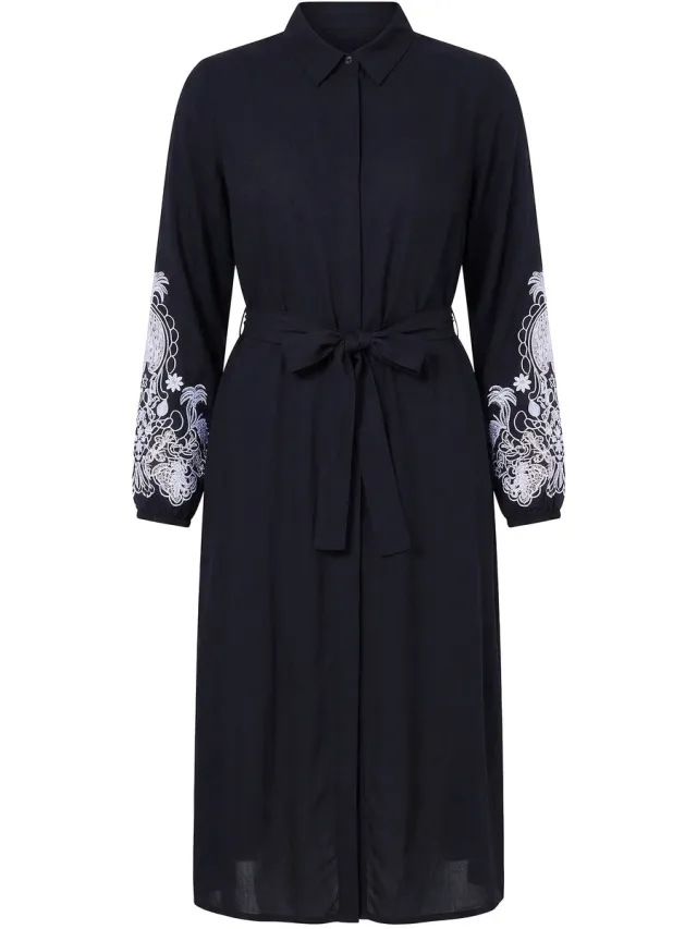 Studio Untold Dames - Overhemdblouse-midijurk A-lijn geborduurde pofmouwen - Zwart - Maat 50+