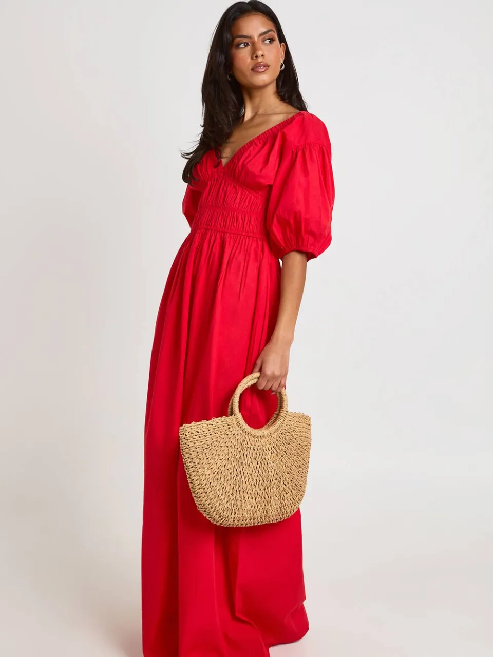 boohoo Dames Katoenen Popeline Maxi Jurk Met Gerimpelde Top V-hals En Pofmouwen rood, foto 3