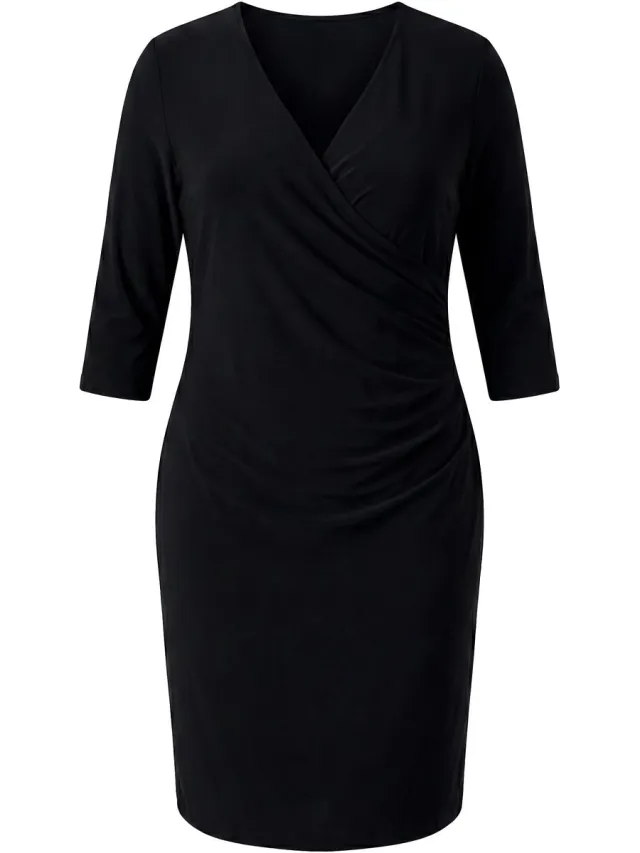 Ulla Popken Dames - Jersey jurk wikkellook V-hals 3/4 mouwen - Zwart - Maat 50+