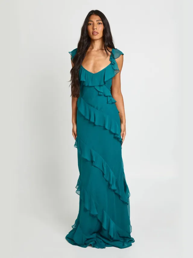 boohoo Dames Lange Chiffon Ruffle Maxi Jurk Tot Op De Grond Groenblauw
