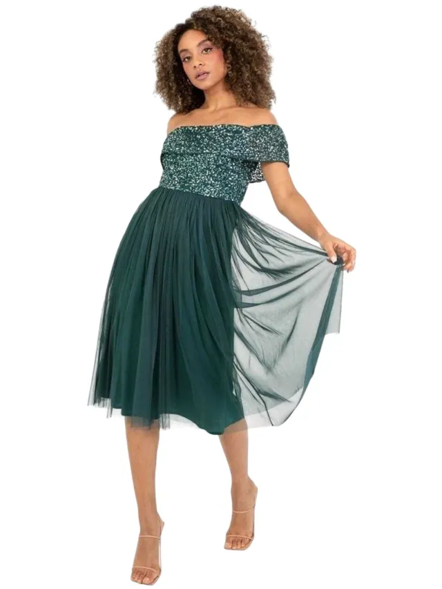 Maya Deluxe Dames Sequin Bardot Korte Mouw Midi Jurk (Emerald) Smaragd